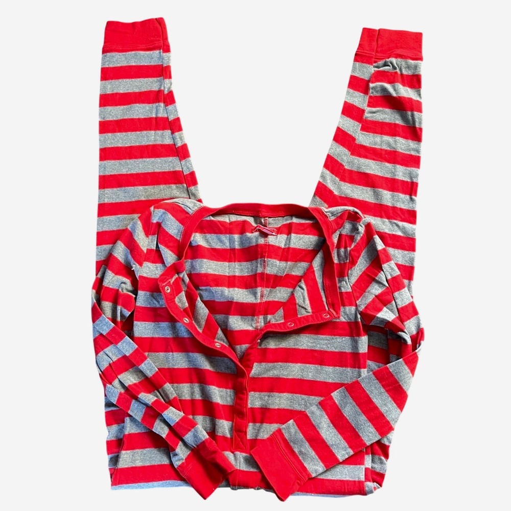 Unbranded Women's Red Gray Striped Long Sleeve One Piece Pajama Jumpsuit M